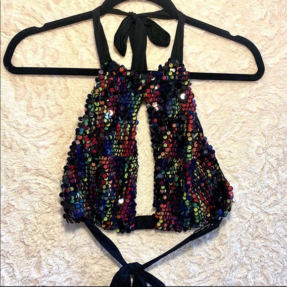 Dolls Kill Tops - RAINBOW SEQUIN RAVE HALTER TOP